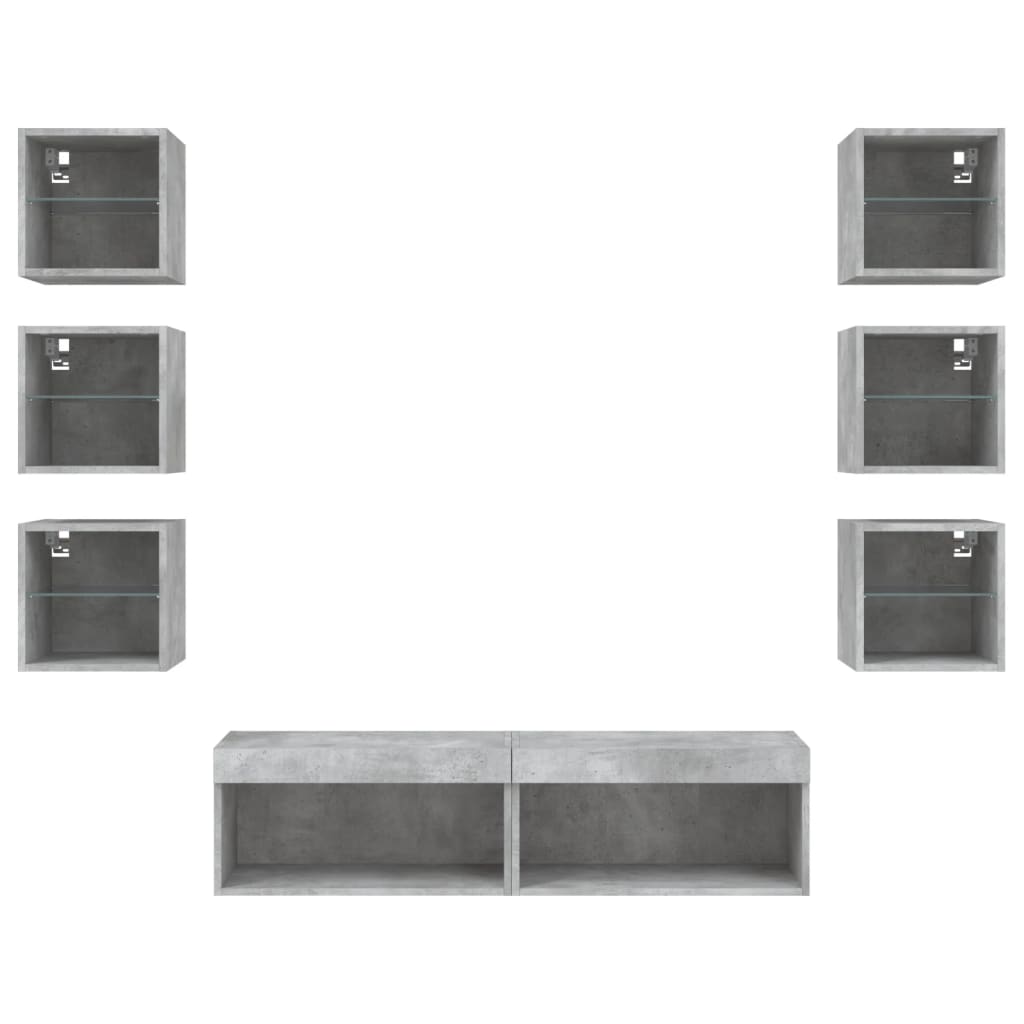 Mobili TV a Muro con LED 8pz Grigio Cemento Legno Multistrato