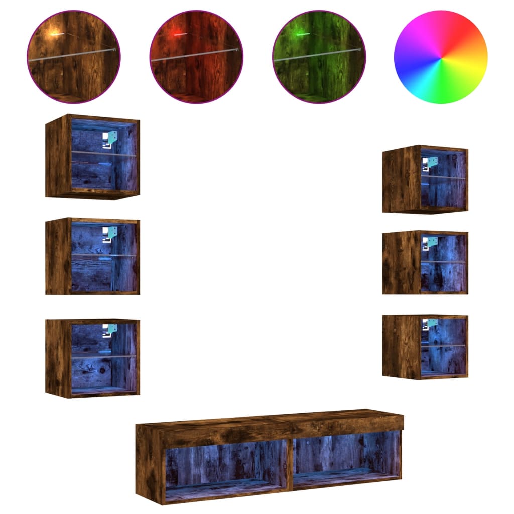 Mobili TV a Muro con LED 8pz Rovere Fumo in Legno Multistrato