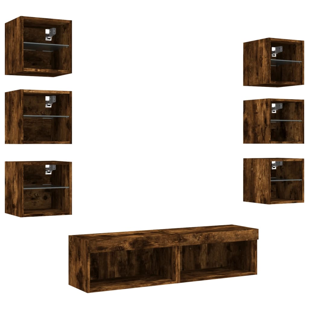 Mobili TV a Muro con LED 8pz Rovere Fumo in Legno Multistrato