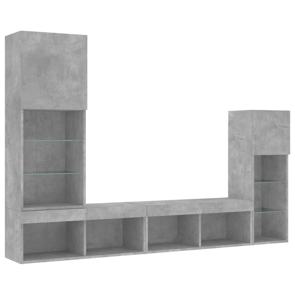 Mobili TV a Muro con LED 4pz Grigio Cemento Legno Multistrato