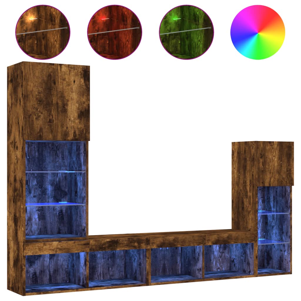 Mobili TV a Muro con LED 4pz Rovere Fumo in Legno Multistrato