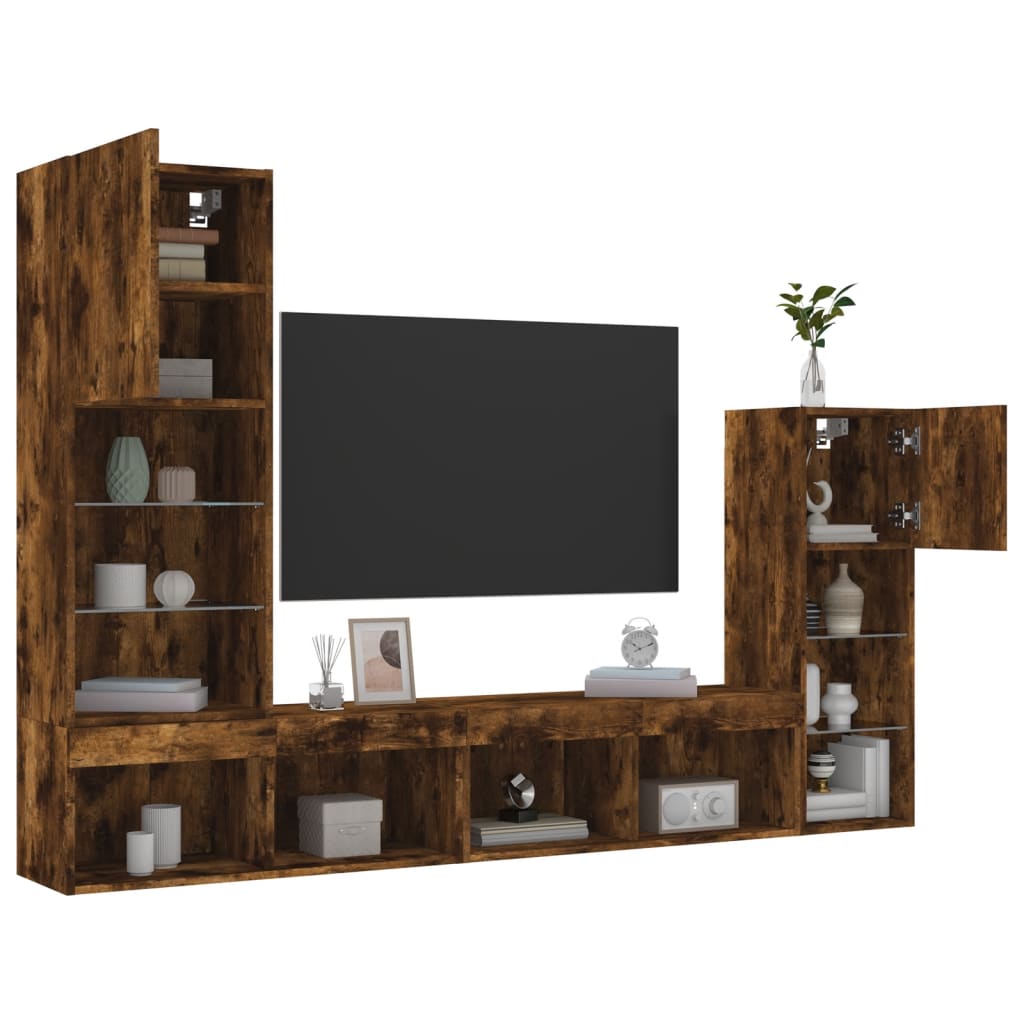 Mobili TV a Muro con LED 4pz Rovere Fumo in Legno Multistrato
