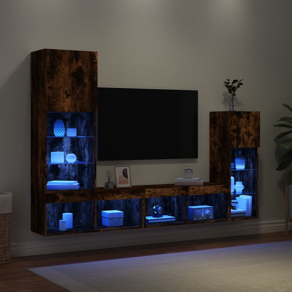 Mobili TV a Muro con LED 4pz Rovere Fumo in Legno Multistrato