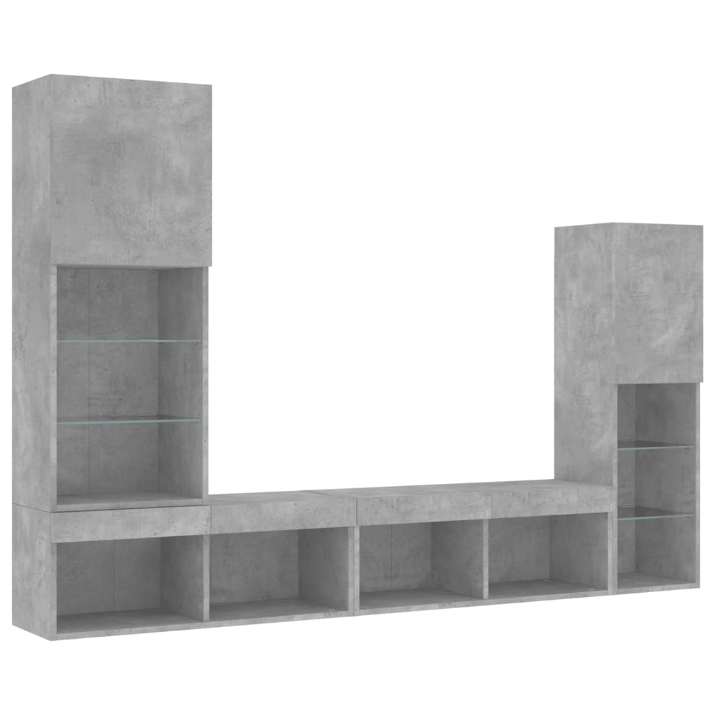 Mobili TV a Muro con LED 4pz Grigio Cemento Legno Multistrato