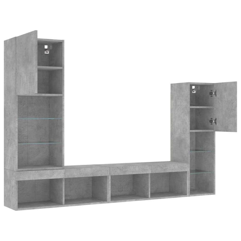 Mobili TV a Muro con LED 4pz Grigio Cemento Legno Multistrato