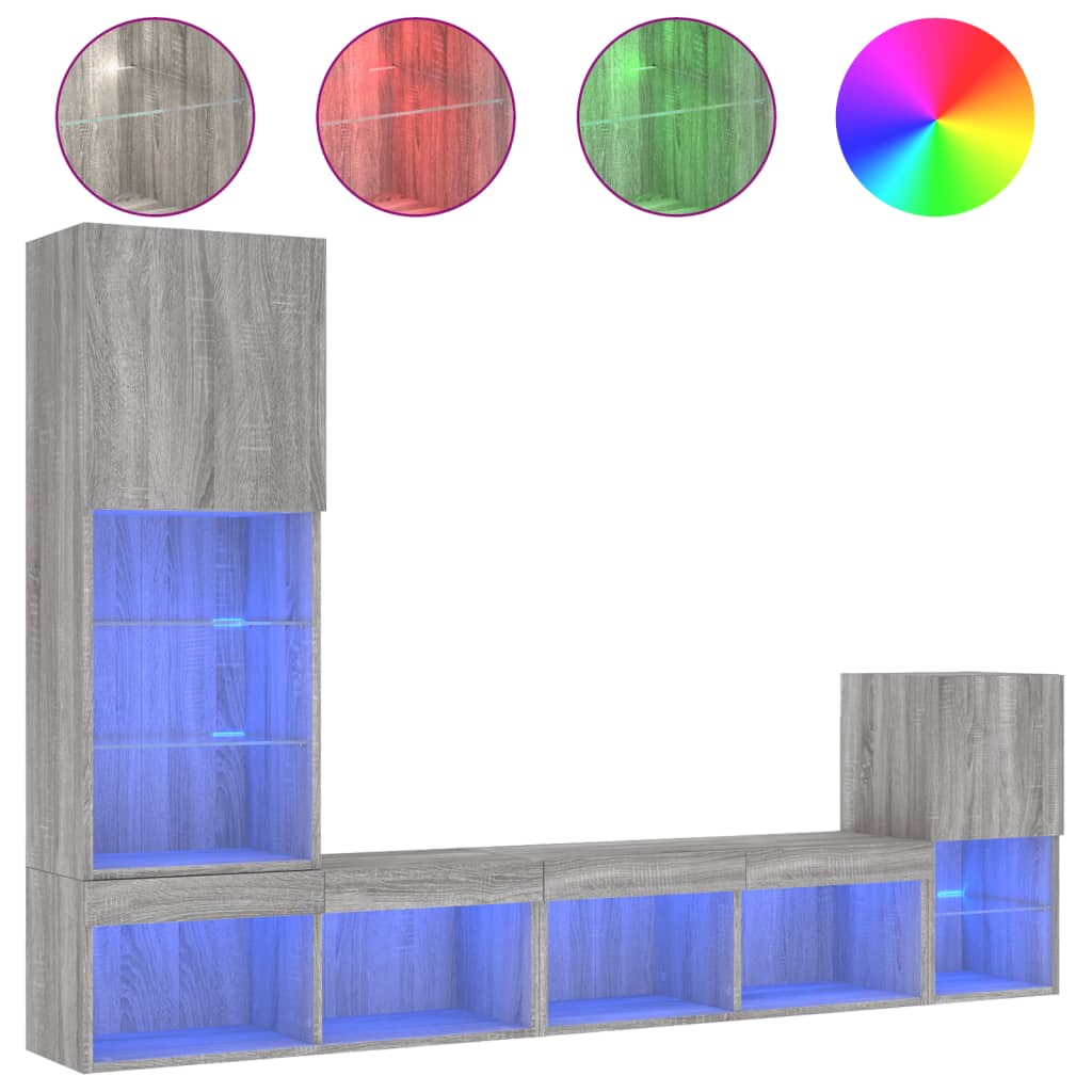 Mobili TV a Muro con LED 4pz Grigio Sonoma in Legno Multistrato