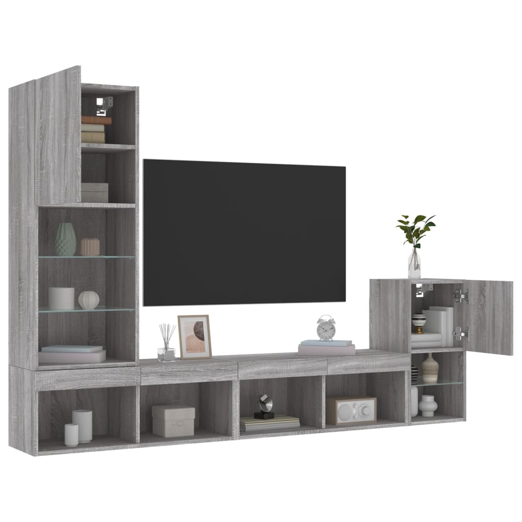 Mobili TV a Muro con LED 4pz Grigio Sonoma in Legno Multistrato