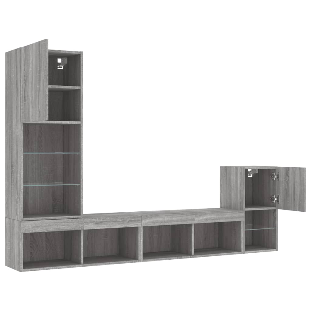 Mobili TV a Muro con LED 4pz Grigio Sonoma in Legno Multistrato