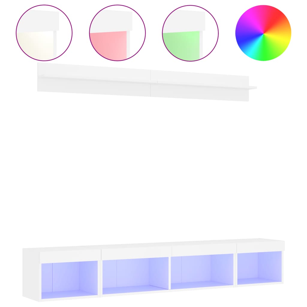 Mobili TV a Muro con LED 5pz Bianchi in Legno Multistrato