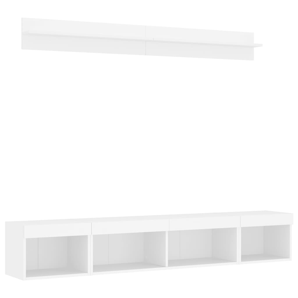Mobili TV a Muro con LED 5pz Bianchi in Legno Multistrato