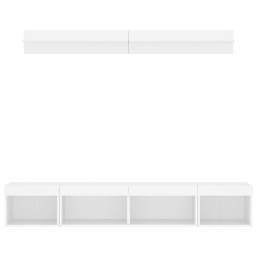 Mobili TV a Muro con LED 5pz Bianchi in Legno Multistrato