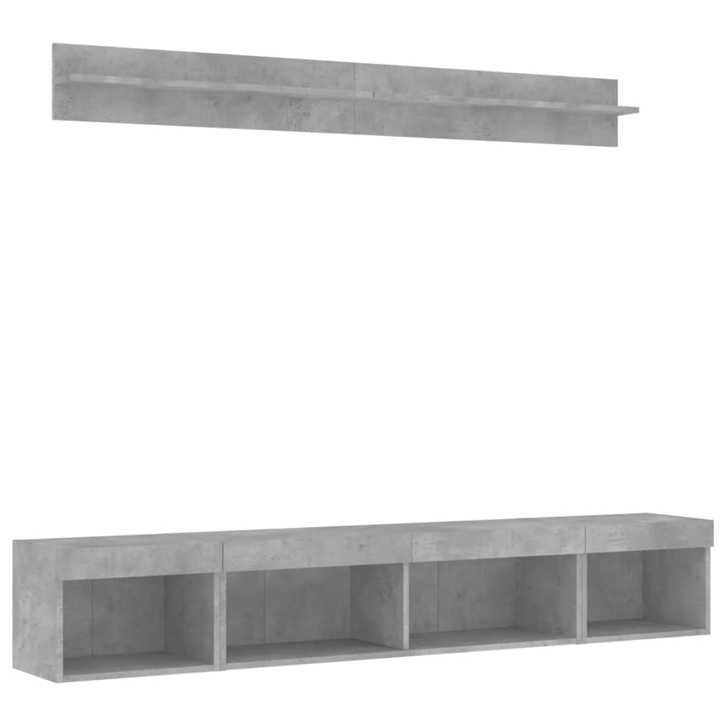 Mobili TV a Muro con LED 5pz Grigio Cemento Legno Multistrato
