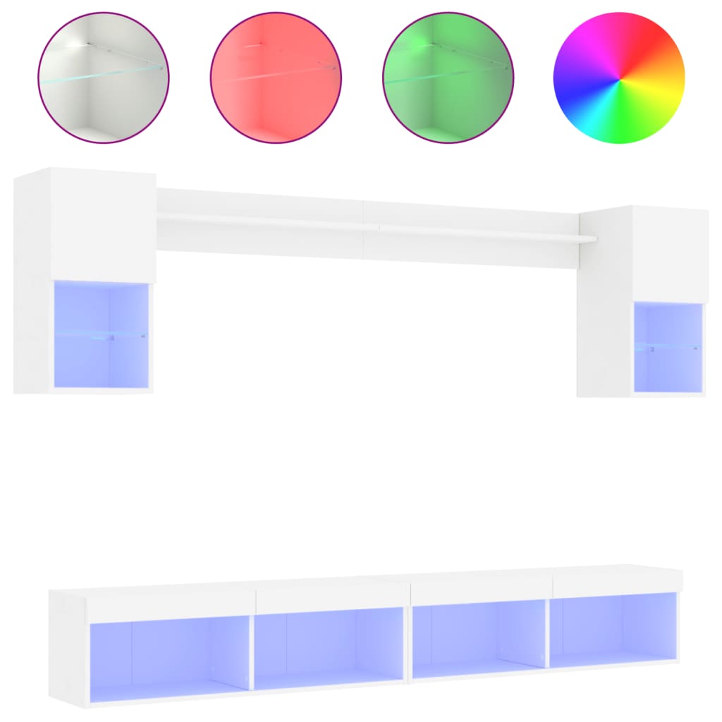 Mobili TV a Muro con LED 6pz Bianchi in Legno Multistrato