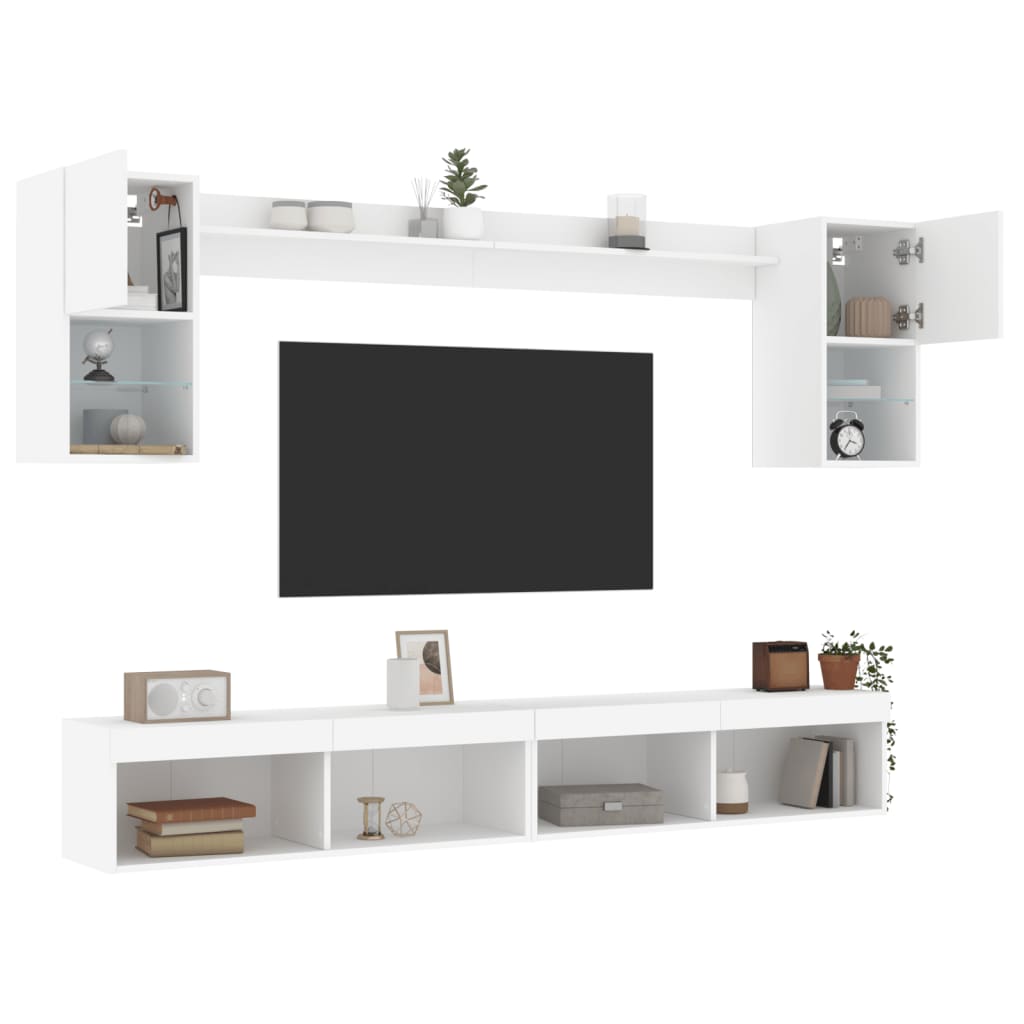 Mobili TV a Muro con LED 6pz Bianchi in Legno Multistrato