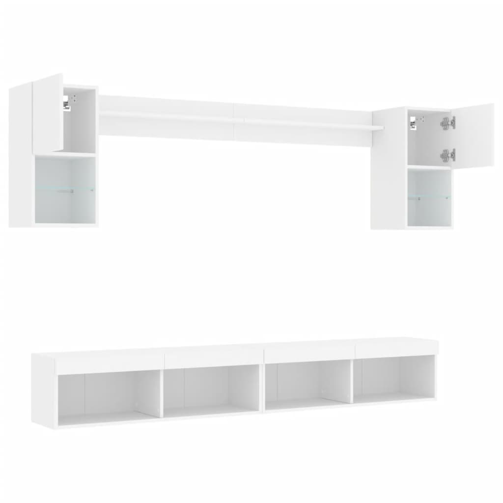 Mobili TV a Muro con LED 6pz Bianchi in Legno Multistrato