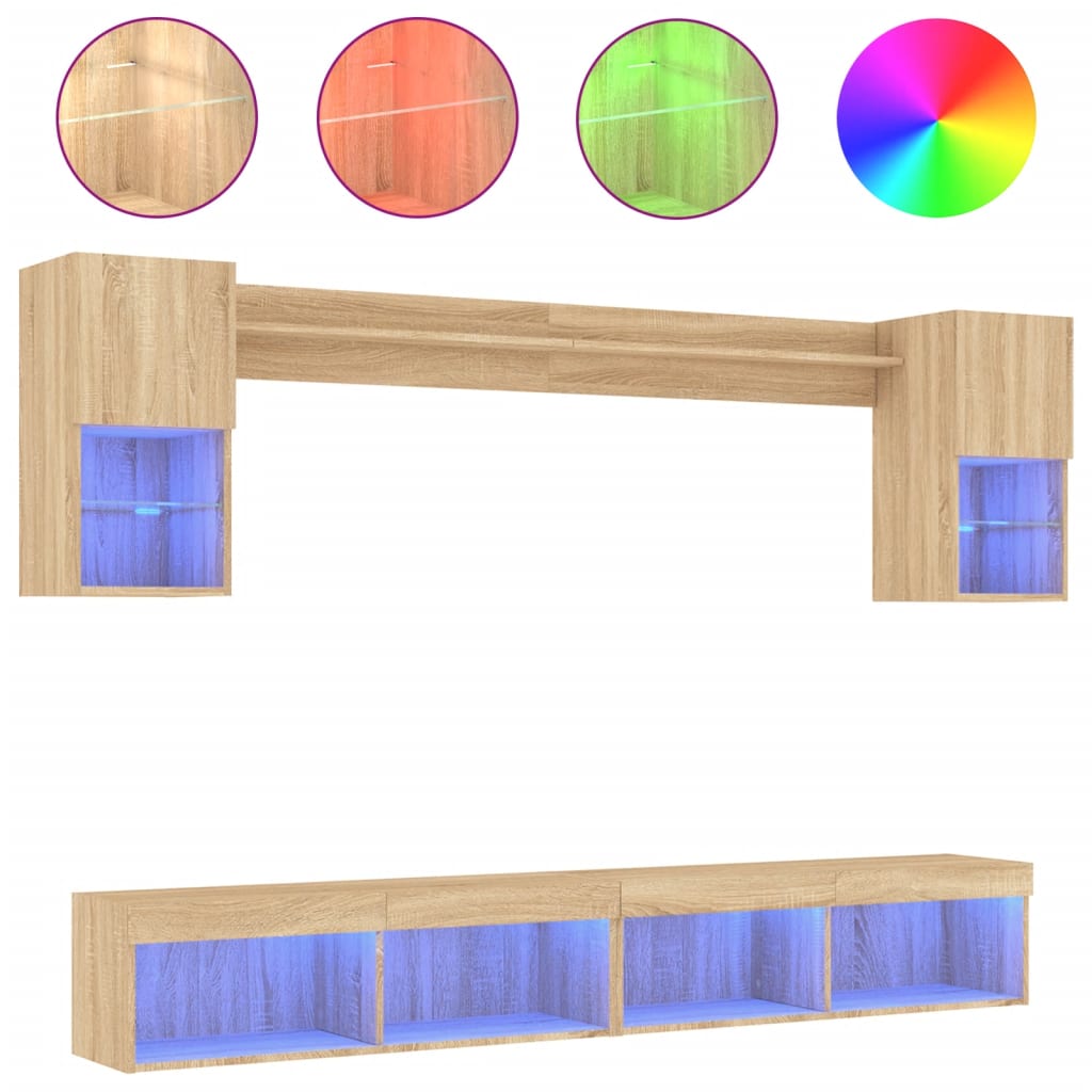 Mobili TV a Muro con LED 6pz Rovere Sonoma Legno Multistrato