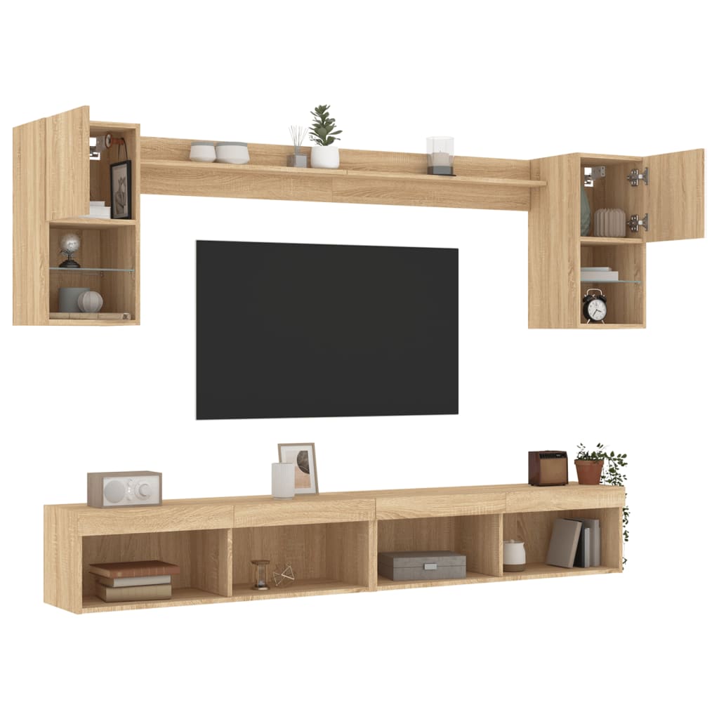 Mobili TV a Muro con LED 6pz Rovere Sonoma Legno Multistrato
