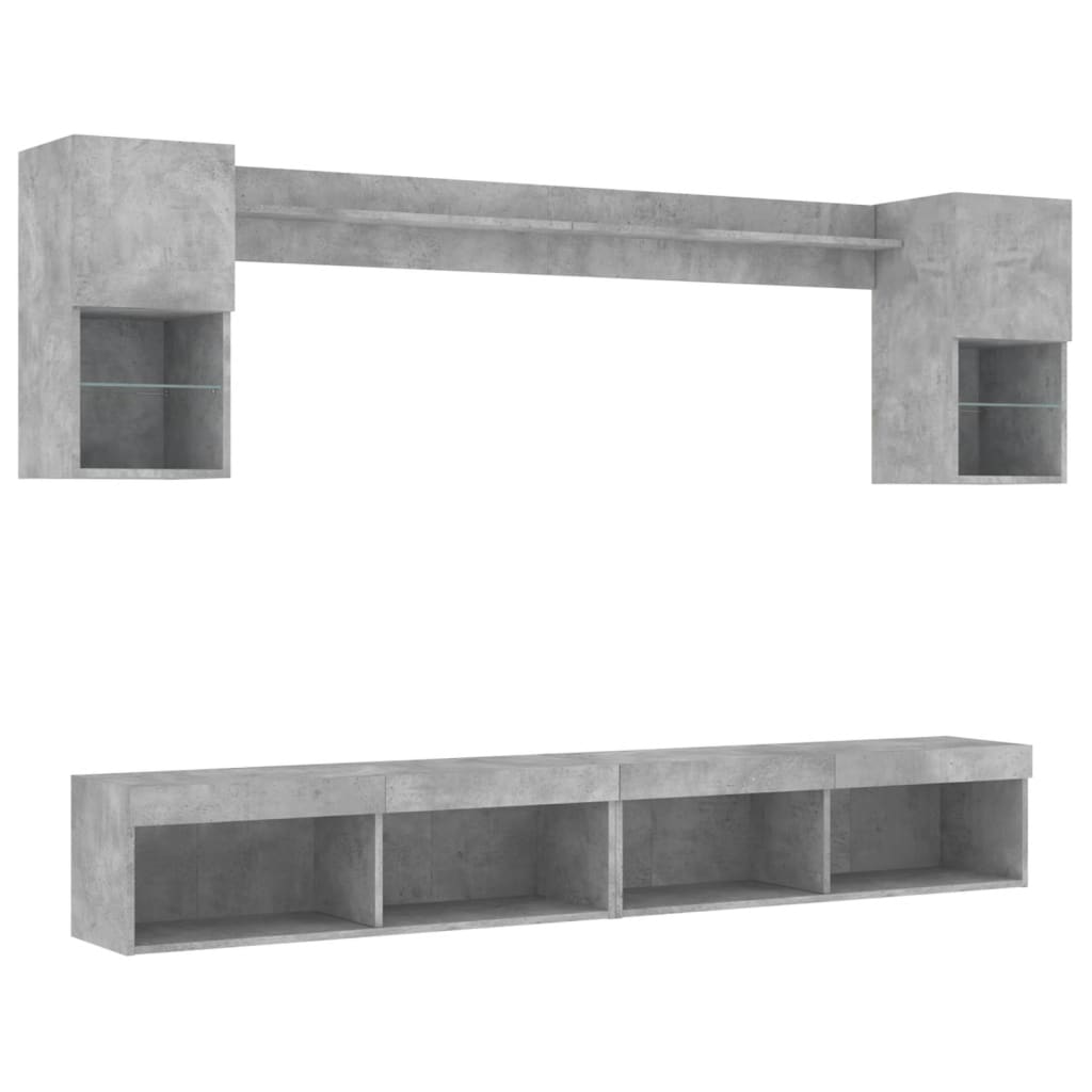 Mobili TV a Muro con LED 6pz Grigio Cemento Legno Multistrato