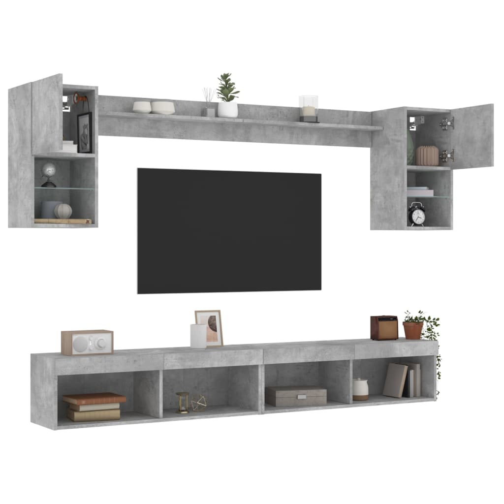 Mobili TV a Muro con LED 6pz Grigio Cemento Legno Multistrato