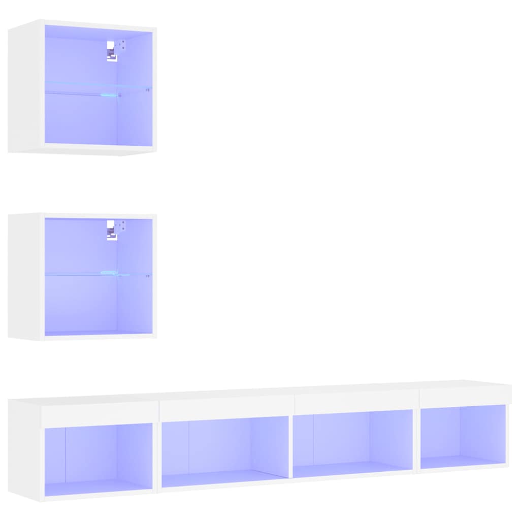Mobili TV a Muro con LED 5pz Bianchi in Legno Multistrato