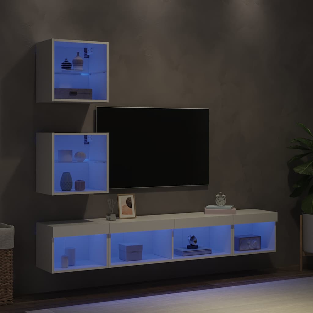 Mobili TV a Muro con LED 5pz Bianchi in Legno Multistrato