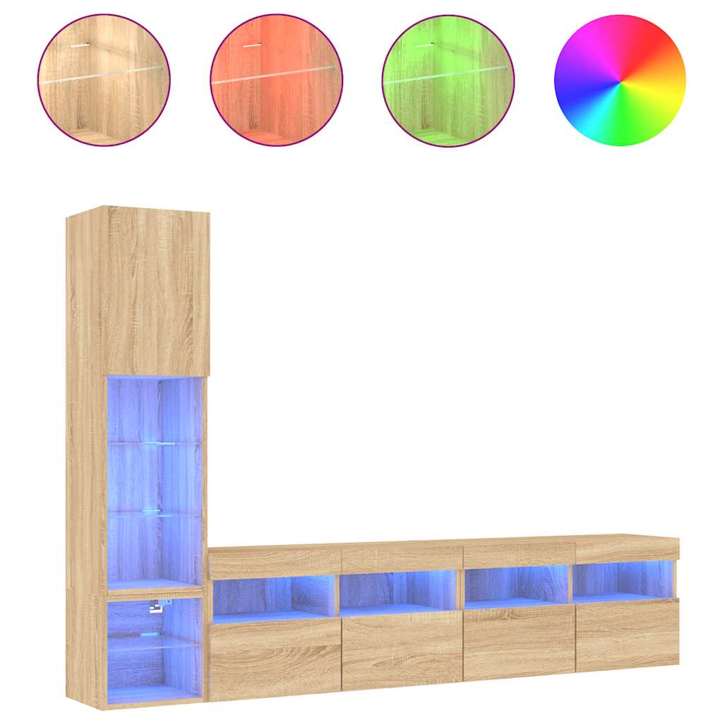 Mobili TV a Muro con LED 4pz Rovere Sonoma Legno Multistrato