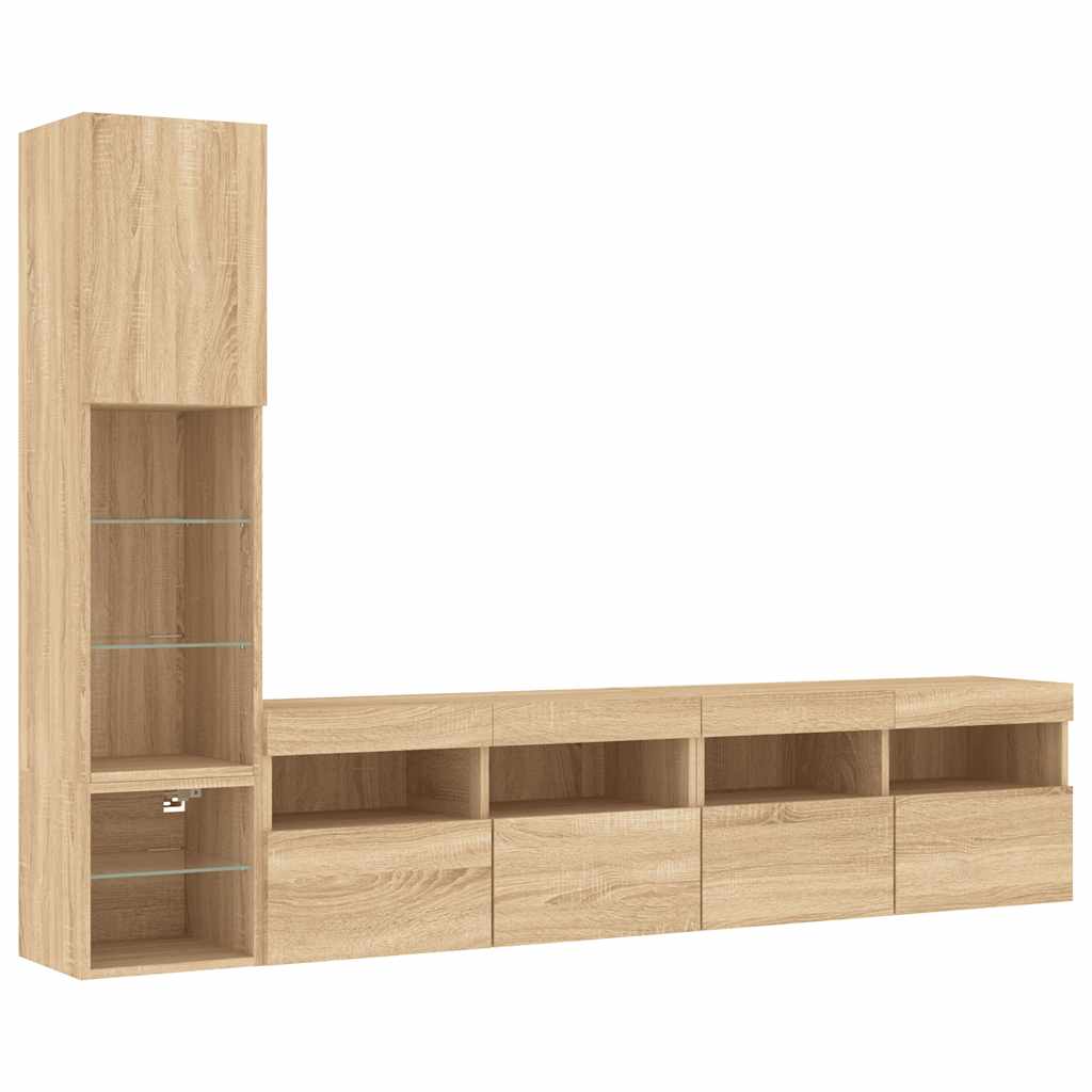 Mobili TV a Muro con LED 4pz Rovere Sonoma Legno Multistrato