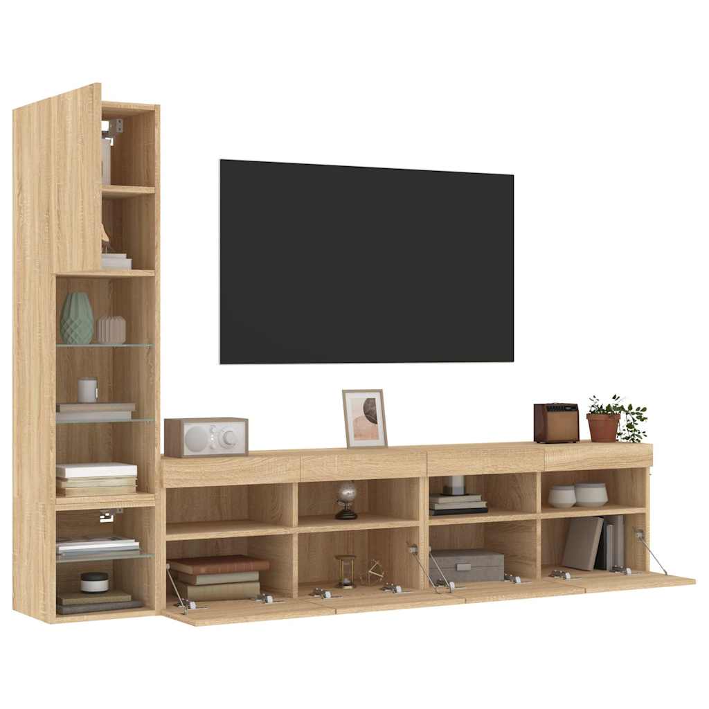Mobili TV a Muro con LED 4pz Rovere Sonoma Legno Multistrato