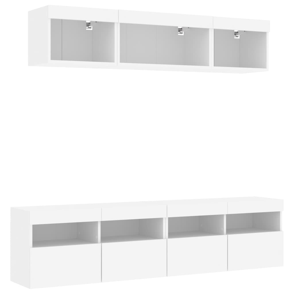Mobili TV a Muro con LED 5pz Bianchi in Legno Multistrato