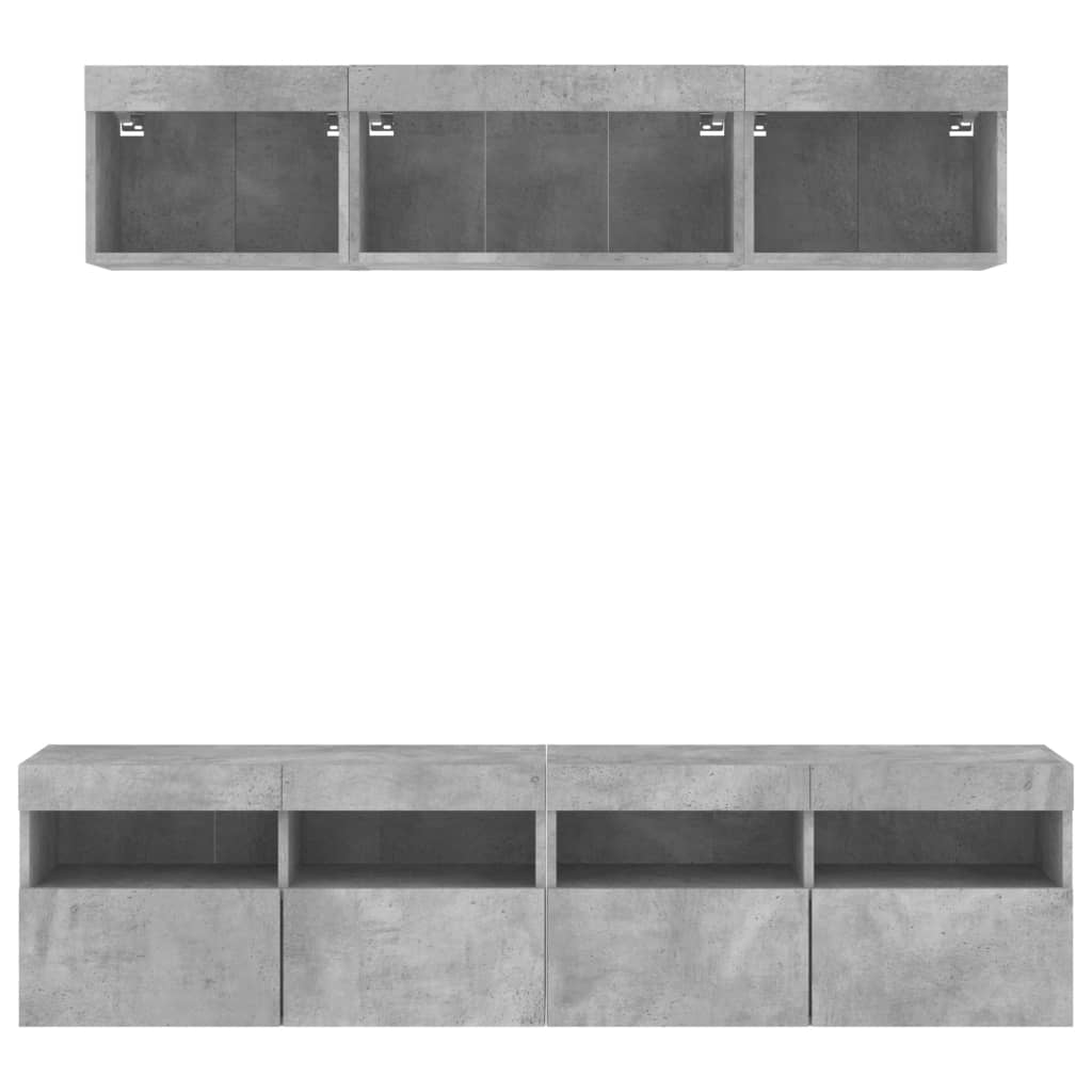 Mobili TV a Muro con LED 5pz Grigio Cemento Legno Multistrato