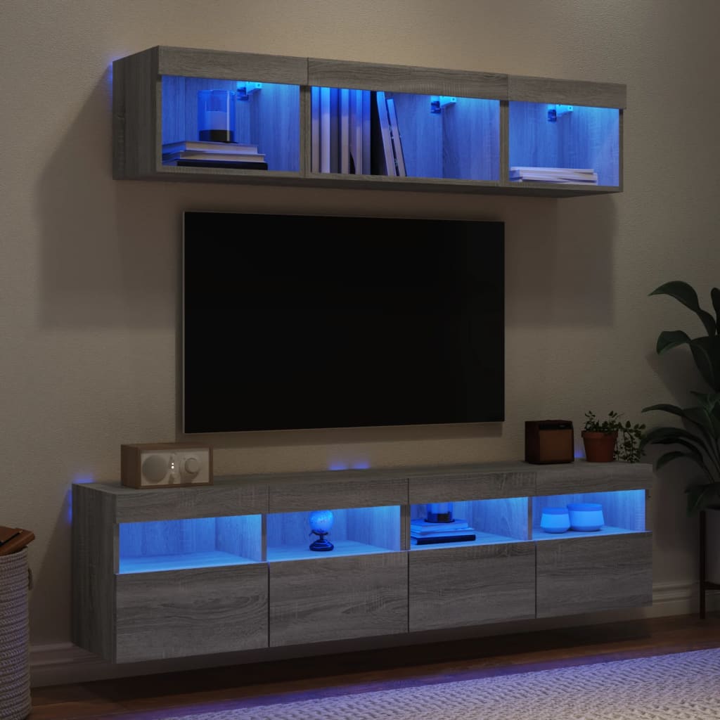 Mobili TV a Muro con LED 5pz Grigio Sonoma in Legno Multistrato