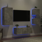Mobili TV a Muro con LED 5pz Grigio Cemento Legno Multistrato