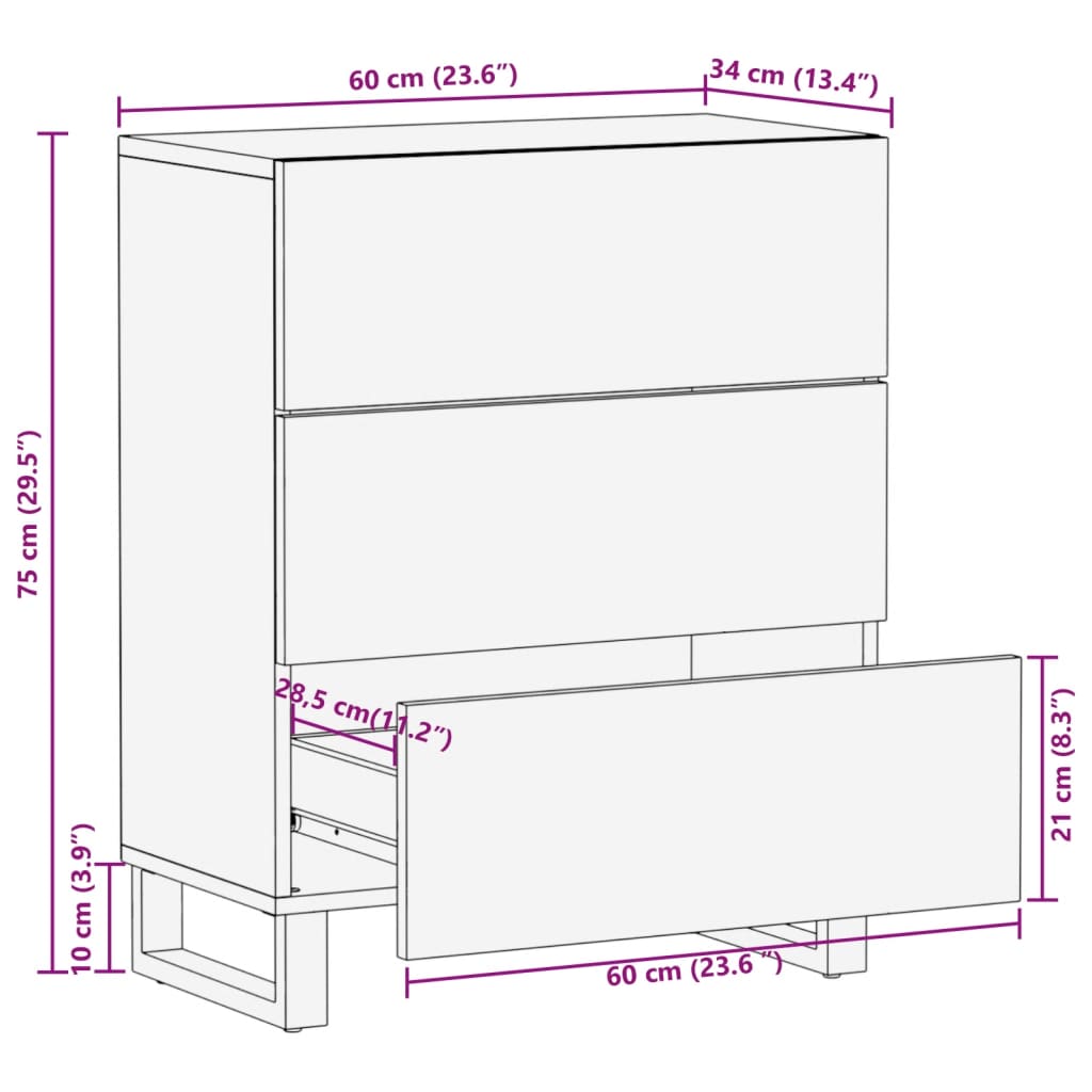 Credenza 60x34x75 cm in Legno Massello di Mango Grezzo