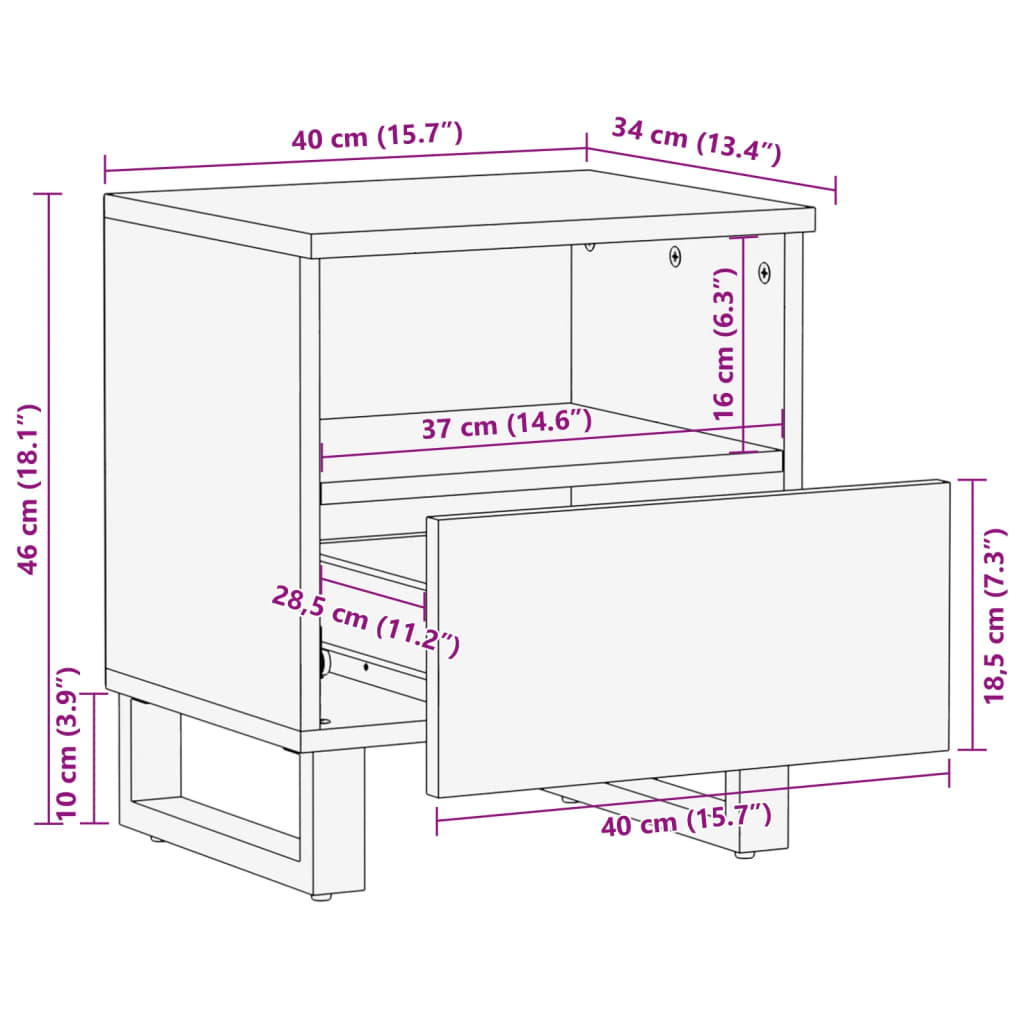 Comodino 40x34x46 cm in Legno Massello di Mango