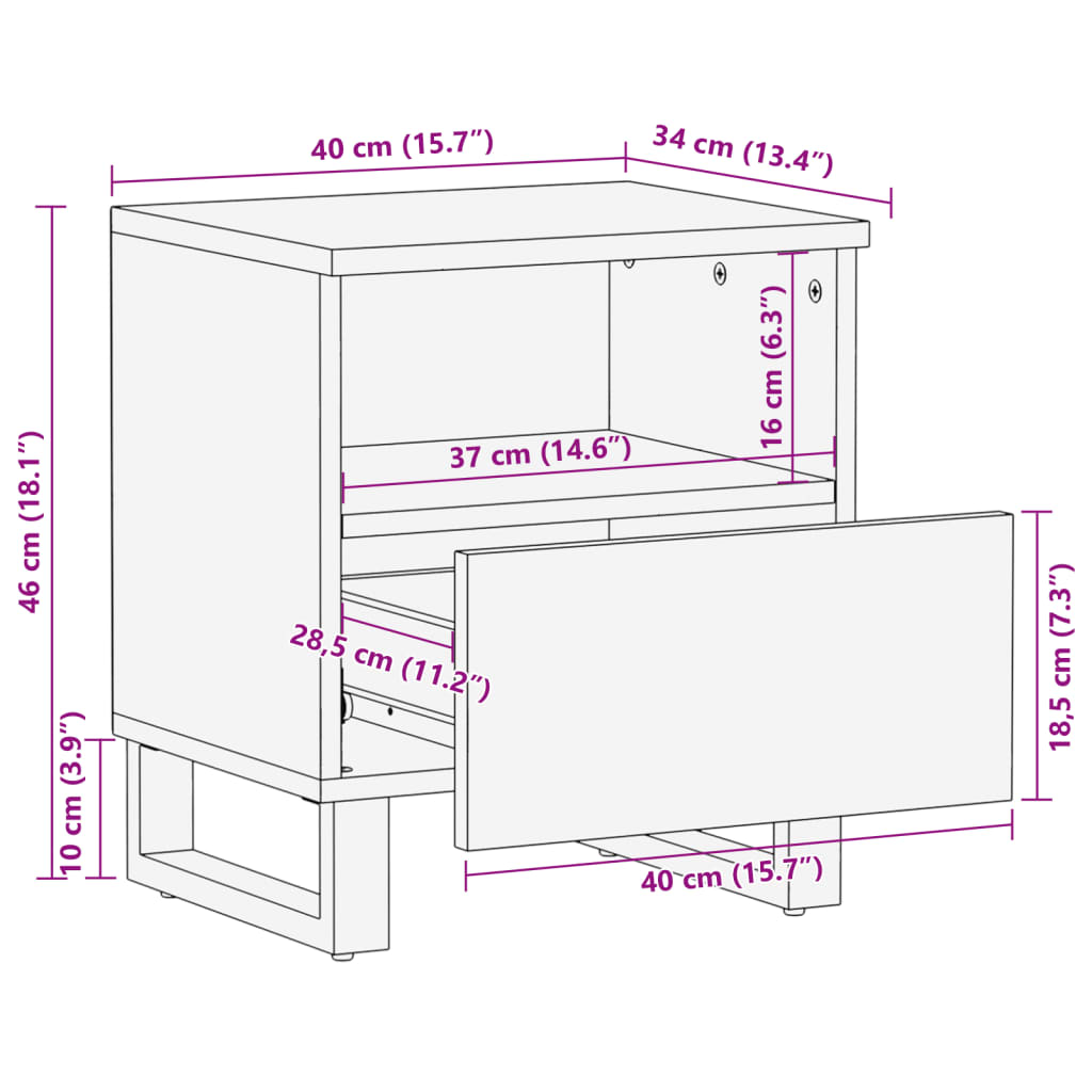 Comodino 40x34x46 cm in Legno Massello di Mango Sbiancato