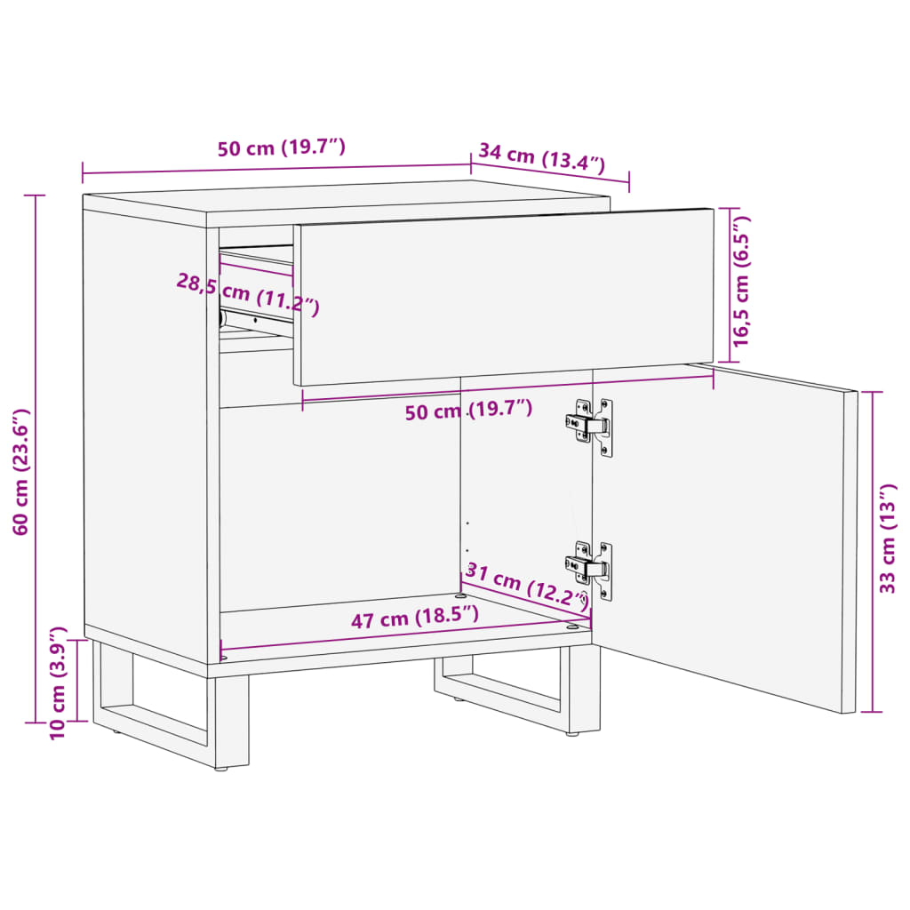 Comodino Bianco 50x34x60 cm in Legno Massello di Mango
