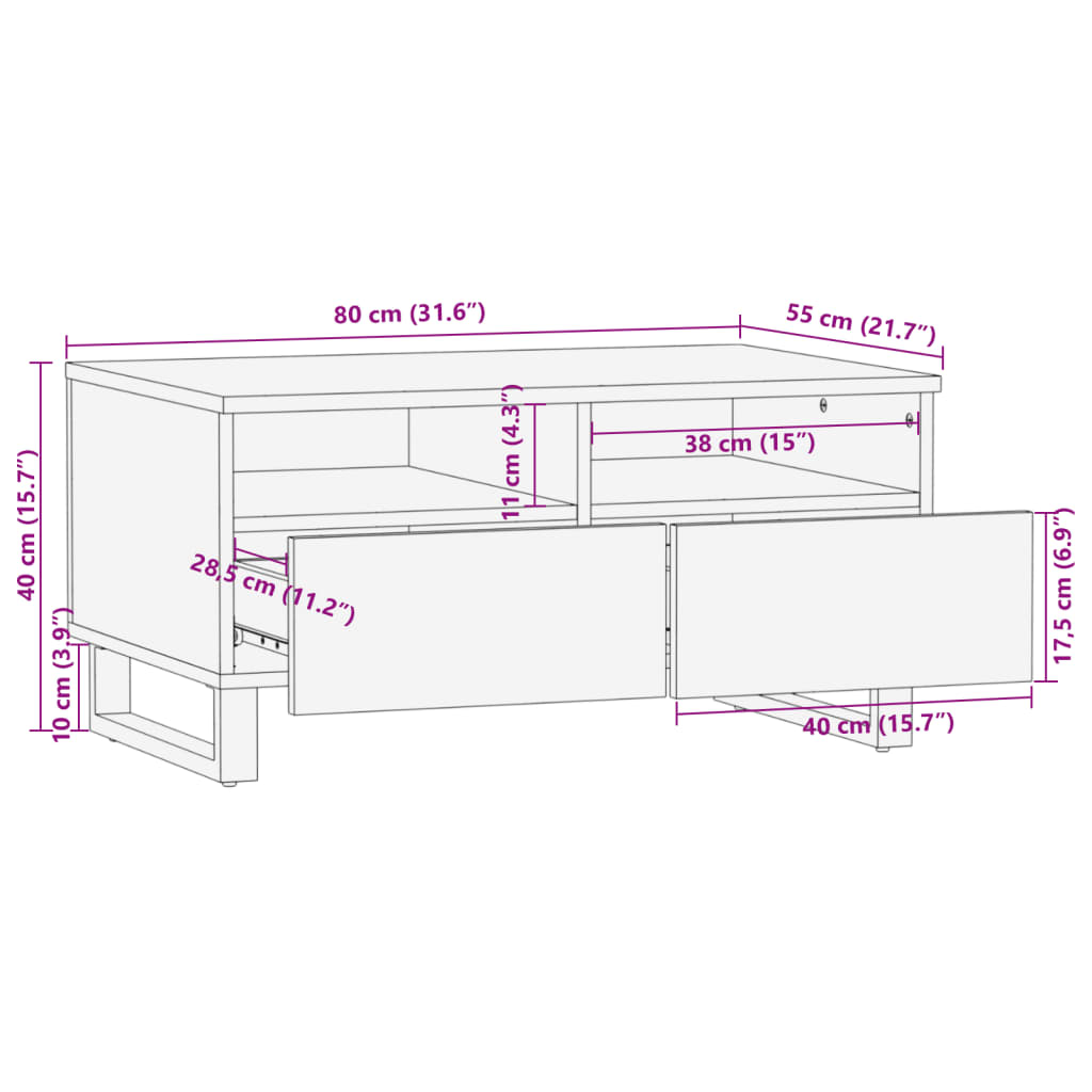 Tavolino da Salotto Marrone 80x55x40 cm Legno Massello di Mango