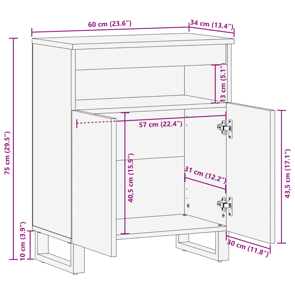 Credenza Marrone 60x34x75 cm in Legno Massello di Mango