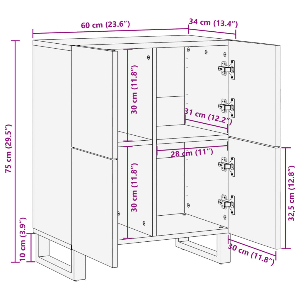 Credenza 60x34x75 cm in Legno Massello di Acacia