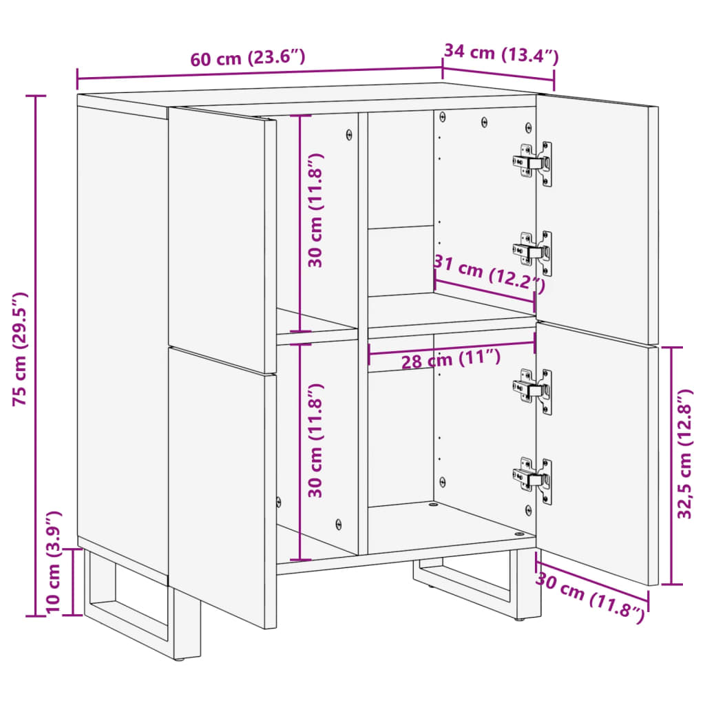 Credenza 60x34x75 cm in Legno Massello di Acacia