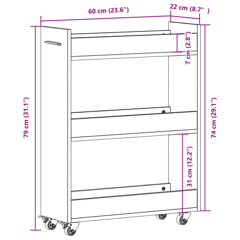 Mobile con Ruote Grigio Sonoma 60x22x79 cm in Legno Multistrato