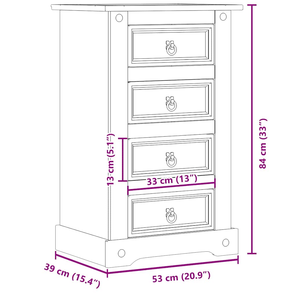 Comodino Corona 53x39x84 cm in Legno Massello di Pino