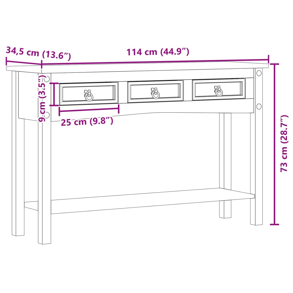 Tavolo Consolle "Corona" 114x34,5x73 cm in Legno Massello di Pino