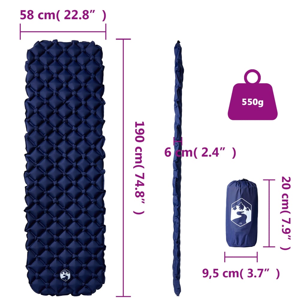 Materasso Campeggio Gonfiabile 1 Persona Blu Marino 190x58x6 cm