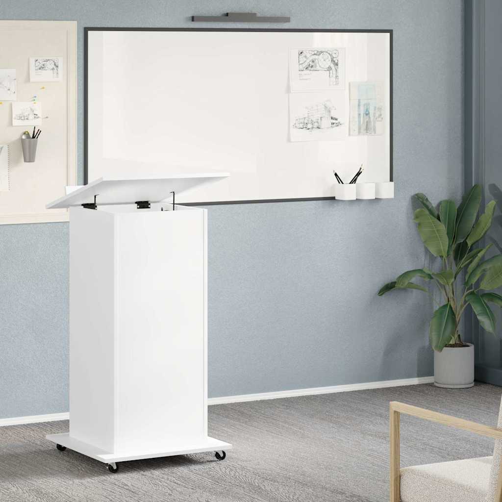 Leggio con Ruote e Cassetto Bianco 55x55x107 cm in Multistrato
