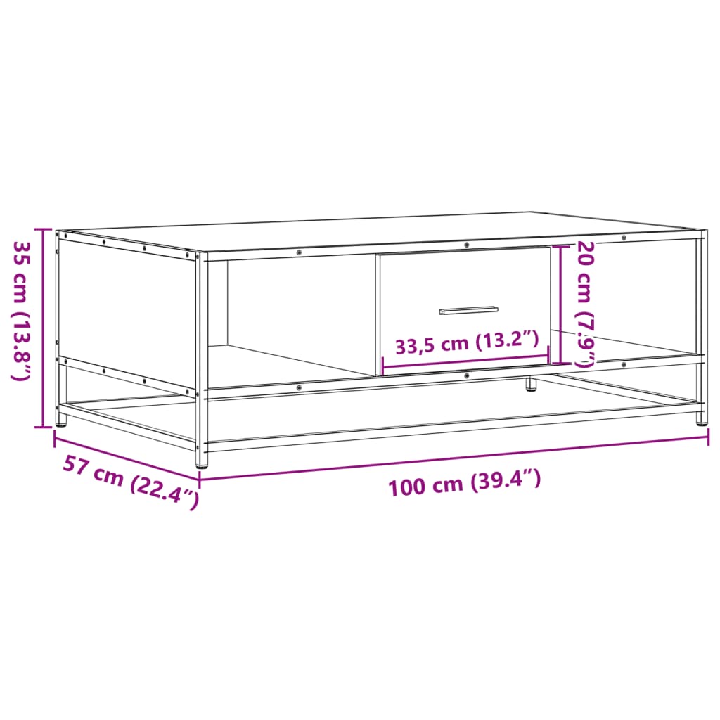 Tavolino Rovere Fumo 100x57x35cm in Legno Multistrato e Metallo