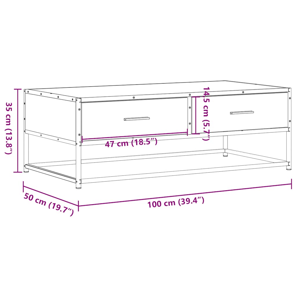 Tavolino Salotto Rovere Marrone 100x50x35cm Multistrato Metallo
