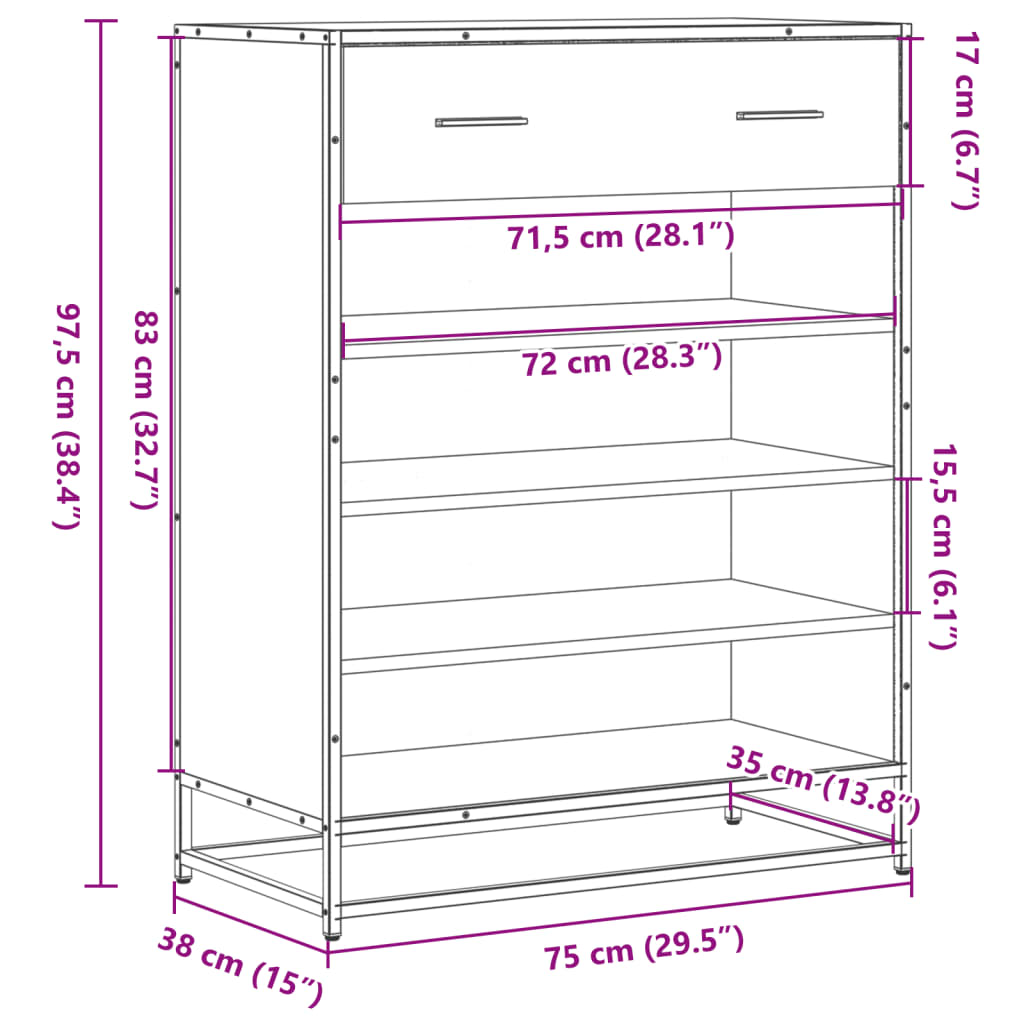 Scarpiera Grigio Sonoma 75x38x97,5 cm Legno Multistrato Metallo