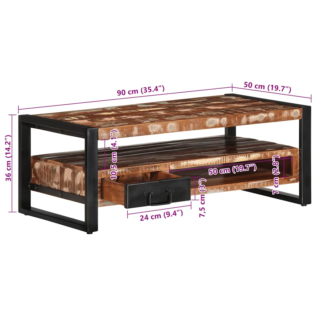 Tavolino Salotto Multicolore 90x50x36cm Legno Massello Recupero