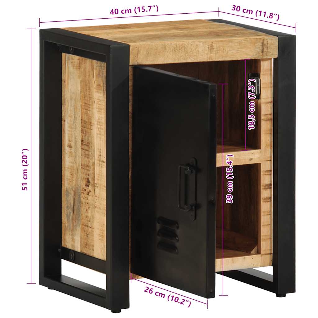 Comodino 40x30x51 cm in Legno Grezzo Massello di Mango